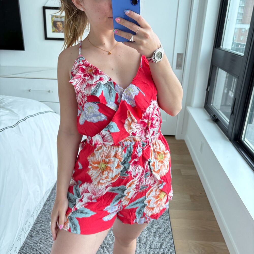 Cupcakes and Cashmere Faux Wrap Floral Ruffle Romper Pink Medium